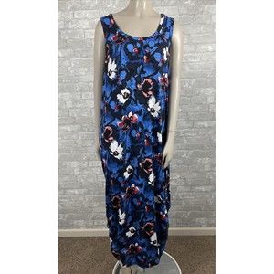 Lane Bryant 14 16 Blue Floral Sleeveless Maxi Dress Ruched Tie Sides and Pockets